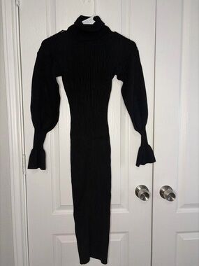 Black Ribbed Turtleneck Midi Dress with Bell Sleeve